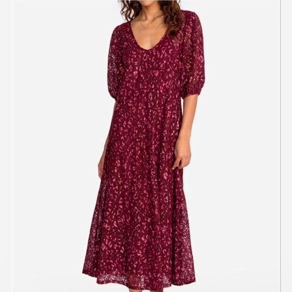 Johnny Was Malaga Dress Burgandy Eyelet Cotton Silk Maxi Size Small